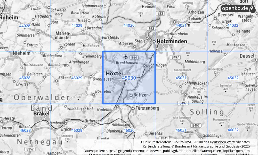 Übersichtskarte KOSTRA-DWD-2010R Rasterfeld Nr. 45030 mit angrenzenden Feldern