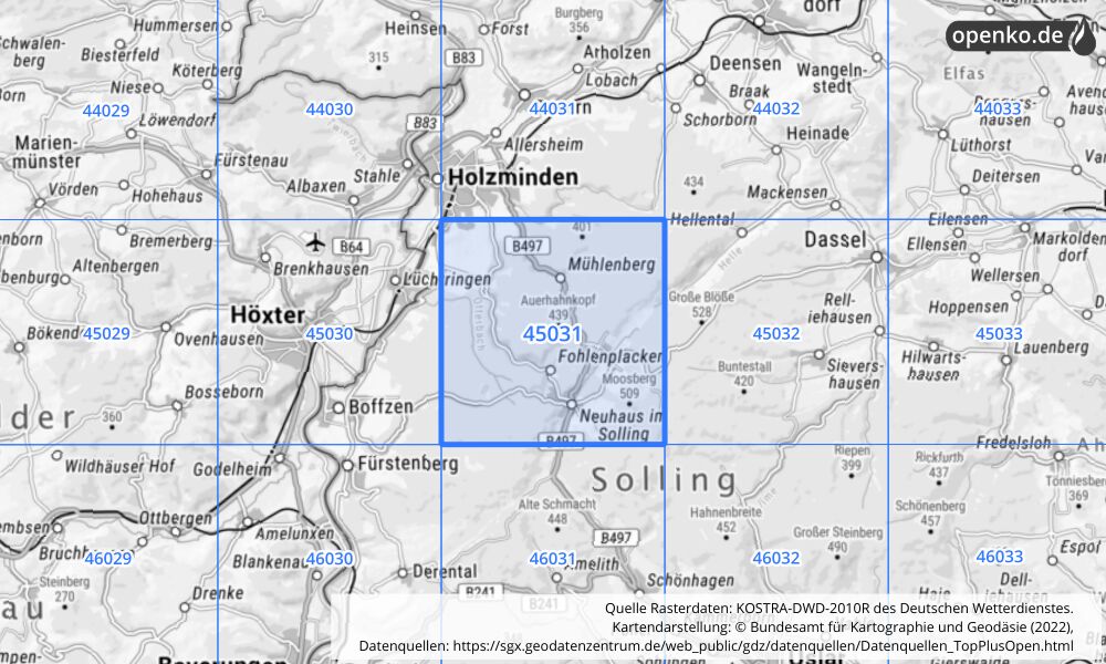 Übersichtskarte KOSTRA-DWD-2010R Rasterfeld Nr. 45031 mit angrenzenden Feldern