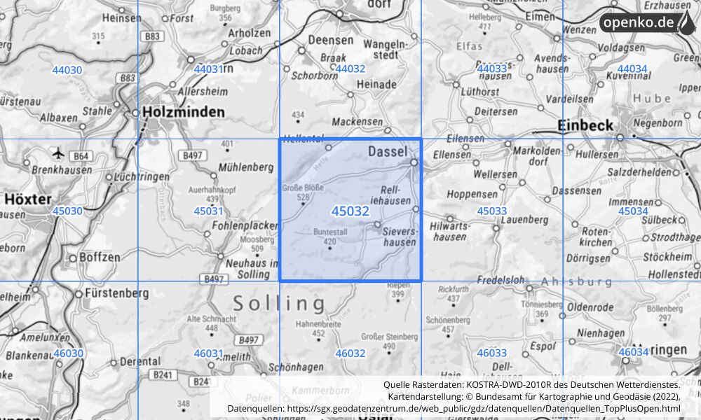 Übersichtskarte KOSTRA-DWD-2010R Rasterfeld Nr. 45032 mit angrenzenden Feldern