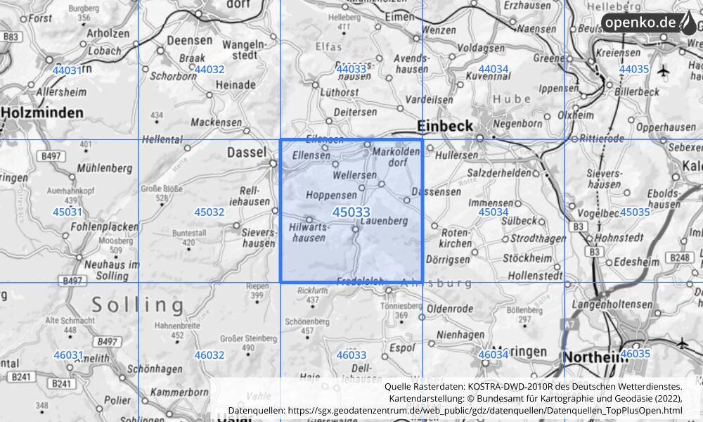 Übersichtskarte KOSTRA-DWD-2010R Rasterfeld Nr. 45033 mit angrenzenden Feldern