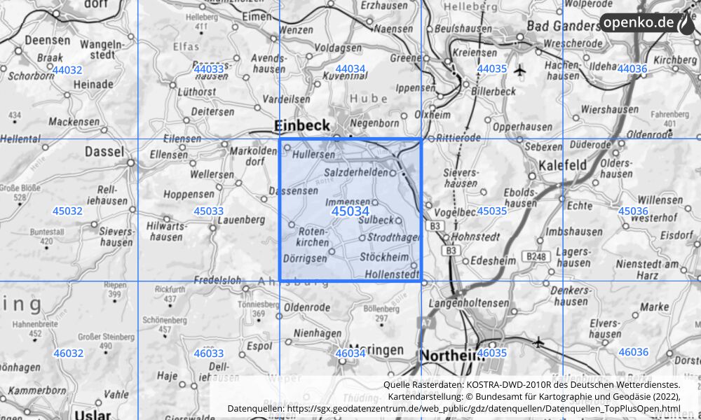 Übersichtskarte KOSTRA-DWD-2010R Rasterfeld Nr. 45034 mit angrenzenden Feldern