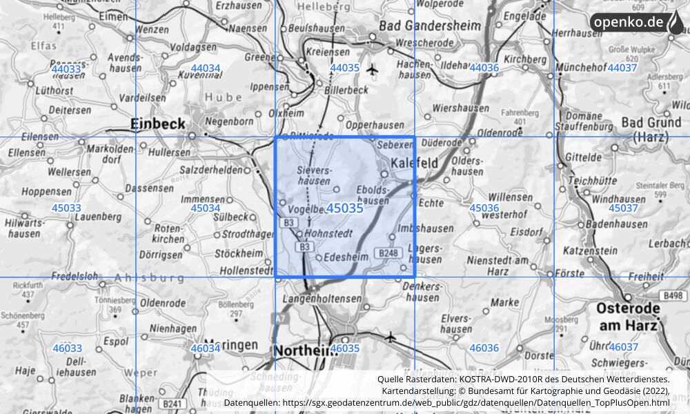 Übersichtskarte KOSTRA-DWD-2010R Rasterfeld Nr. 45035 mit angrenzenden Feldern