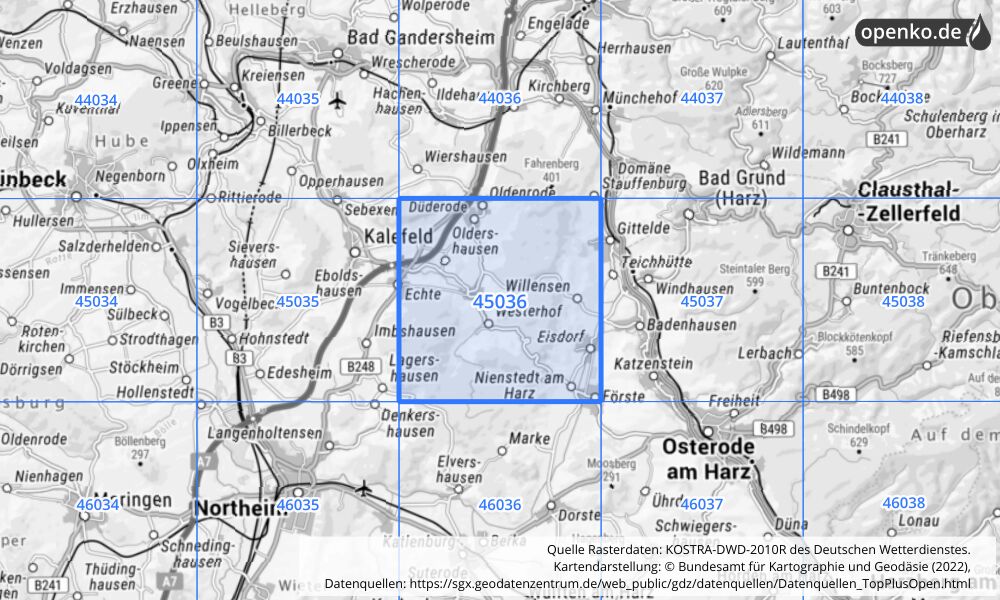 Übersichtskarte KOSTRA-DWD-2010R Rasterfeld Nr. 45036 mit angrenzenden Feldern