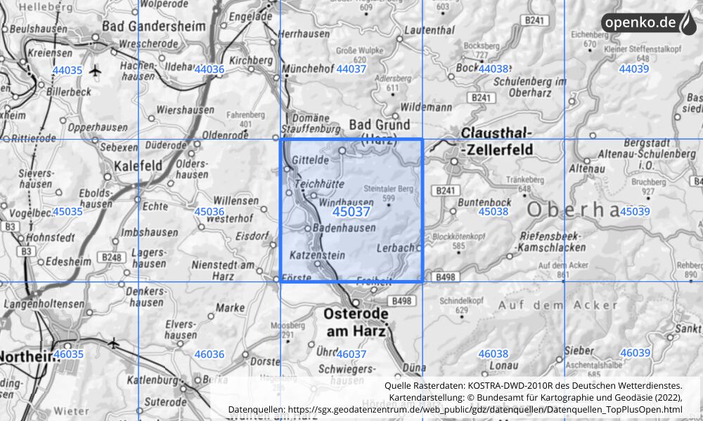 Übersichtskarte KOSTRA-DWD-2010R Rasterfeld Nr. 45037 mit angrenzenden Feldern