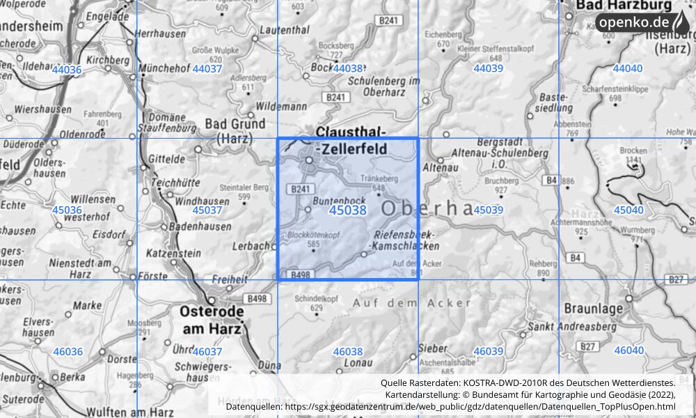 Übersichtskarte KOSTRA-DWD-2010R Rasterfeld Nr. 45038 mit angrenzenden Feldern