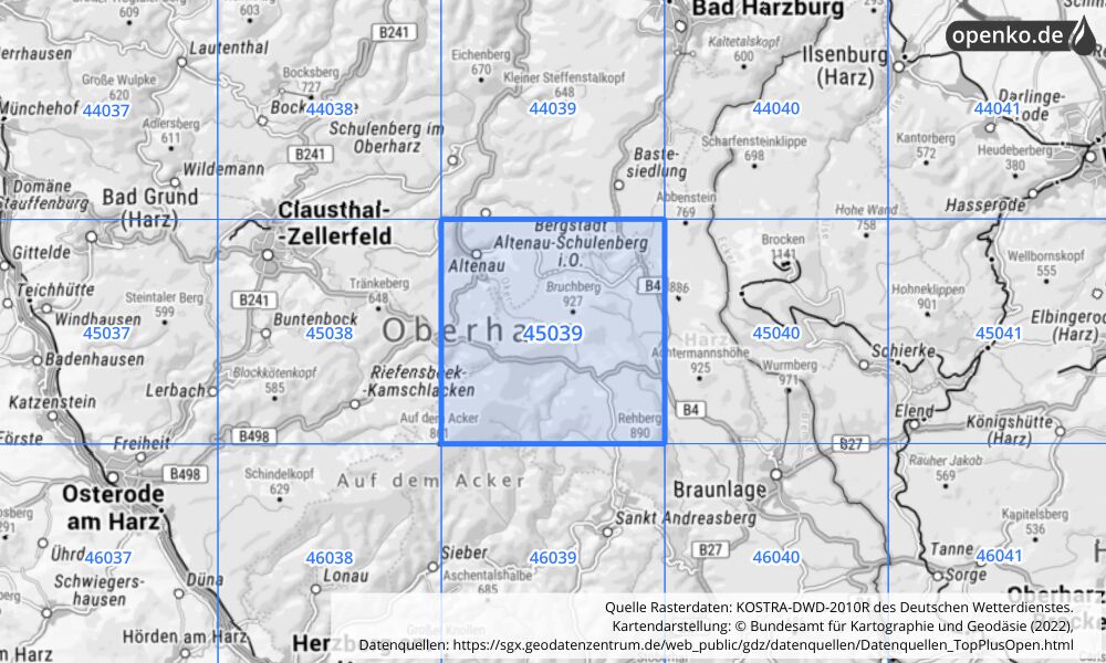 Übersichtskarte KOSTRA-DWD-2010R Rasterfeld Nr. 45039 mit angrenzenden Feldern