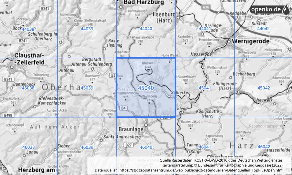 Übersichtskarte KOSTRA-DWD-2010R Rasterfeld Nr. 45040 mit angrenzenden Feldern