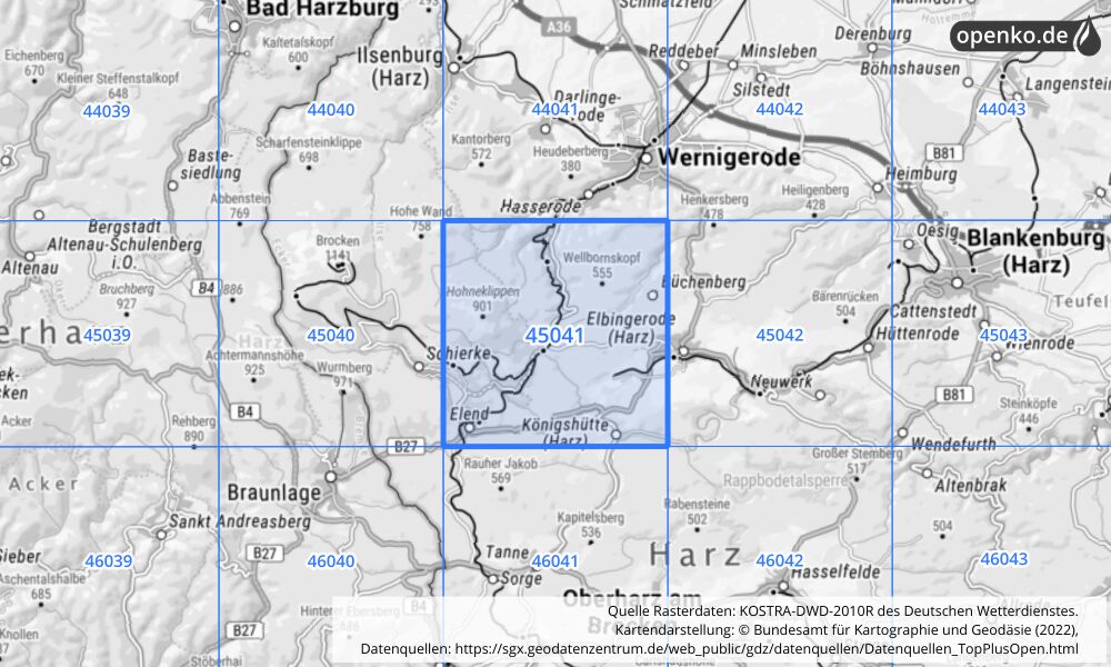 Übersichtskarte KOSTRA-DWD-2010R Rasterfeld Nr. 45041 mit angrenzenden Feldern