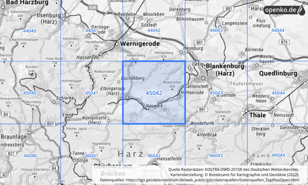 Übersichtskarte KOSTRA-DWD-2010R Rasterfeld Nr. 45042 mit angrenzenden Feldern