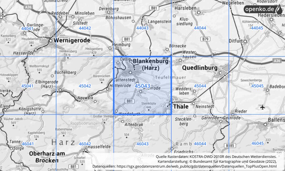 Übersichtskarte KOSTRA-DWD-2010R Rasterfeld Nr. 45043 mit angrenzenden Feldern