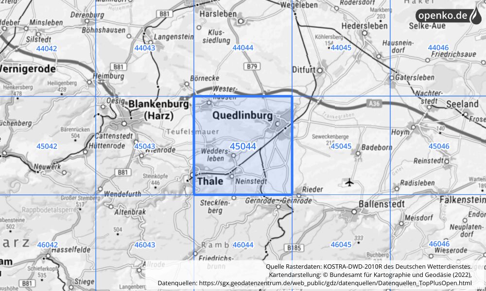 Übersichtskarte KOSTRA-DWD-2010R Rasterfeld Nr. 45044 mit angrenzenden Feldern