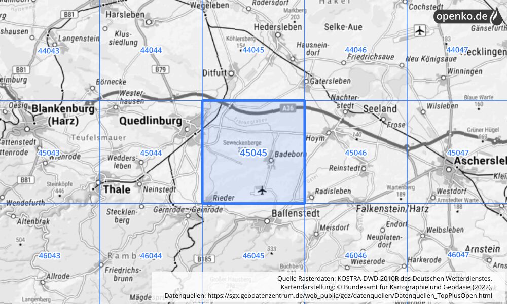 Übersichtskarte KOSTRA-DWD-2010R Rasterfeld Nr. 45045 mit angrenzenden Feldern