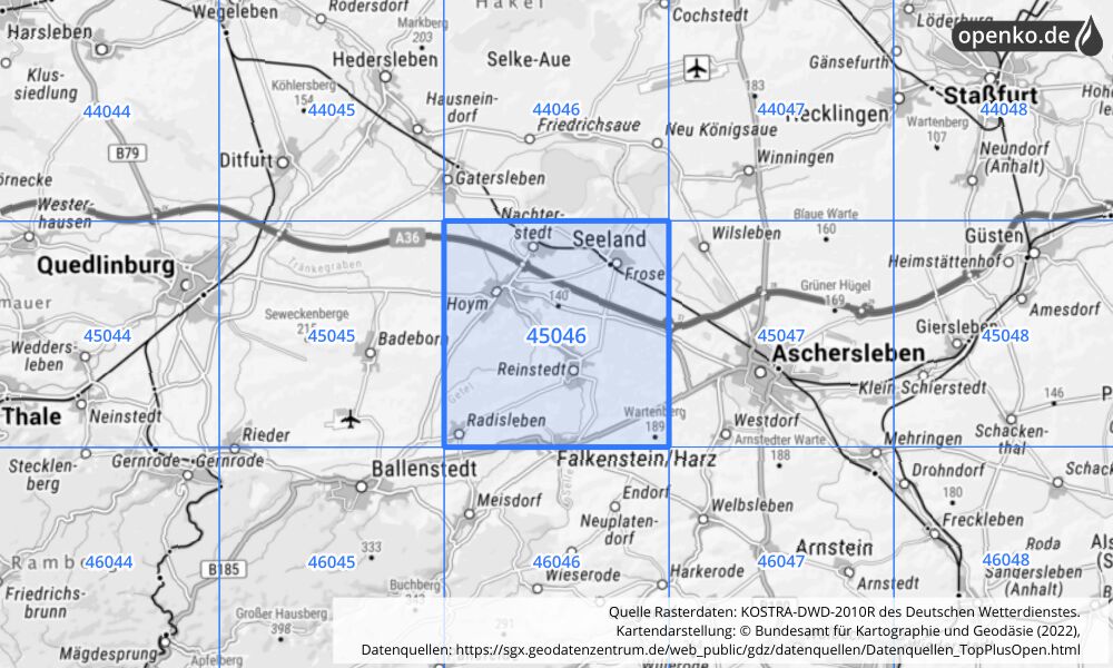 Übersichtskarte KOSTRA-DWD-2010R Rasterfeld Nr. 45046 mit angrenzenden Feldern