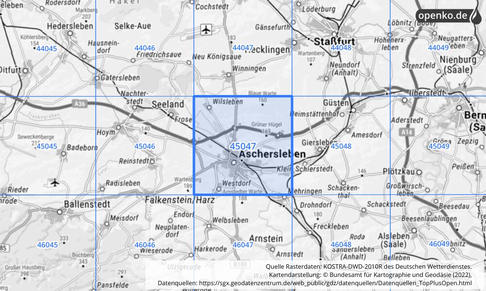 Übersichtskarte KOSTRA-DWD-2010R Rasterfeld Nr. 45047 mit angrenzenden Feldern