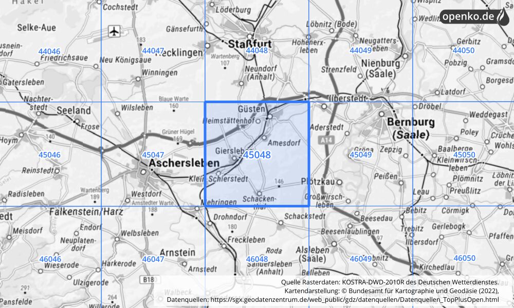 Übersichtskarte KOSTRA-DWD-2010R Rasterfeld Nr. 45048 mit angrenzenden Feldern