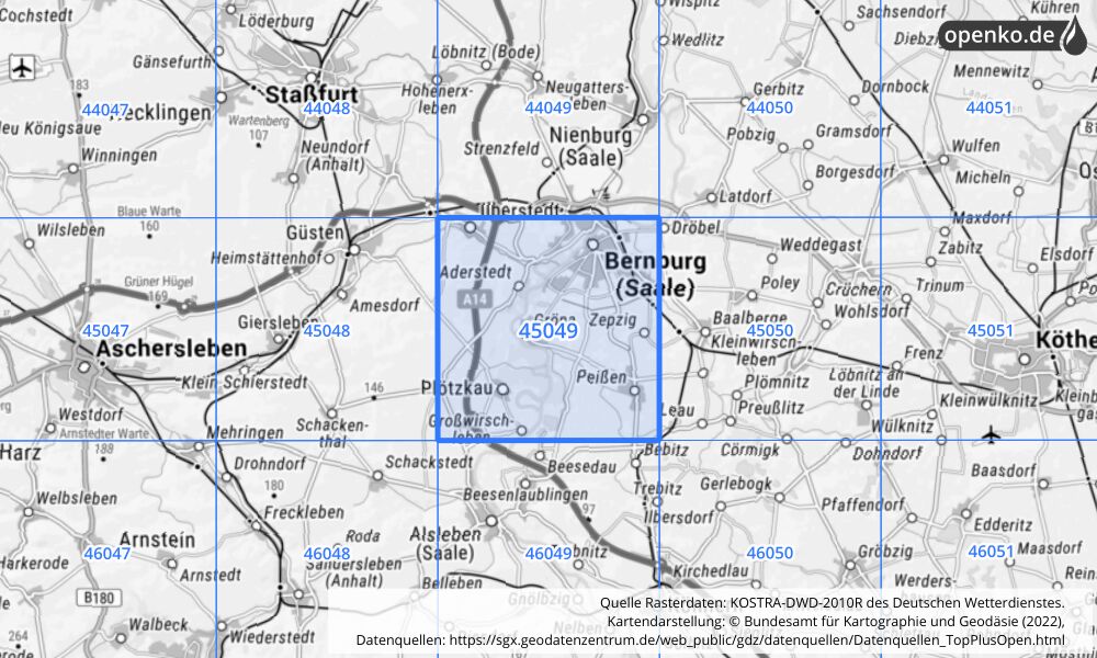 Übersichtskarte KOSTRA-DWD-2010R Rasterfeld Nr. 45049 mit angrenzenden Feldern