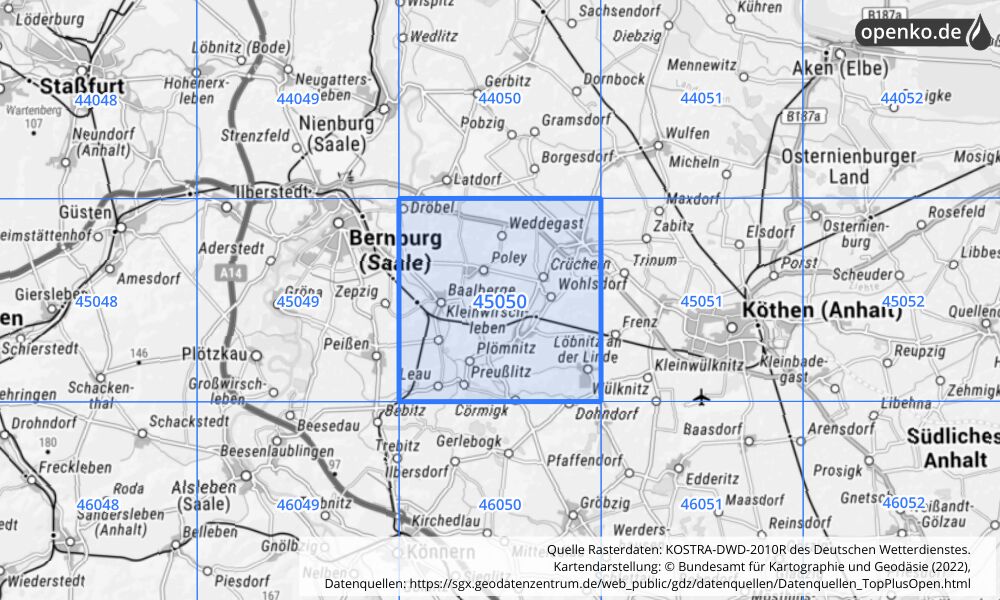 Übersichtskarte KOSTRA-DWD-2010R Rasterfeld Nr. 45050 mit angrenzenden Feldern