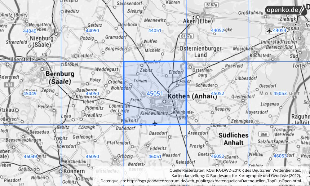 Übersichtskarte KOSTRA-DWD-2010R Rasterfeld Nr. 45051 mit angrenzenden Feldern