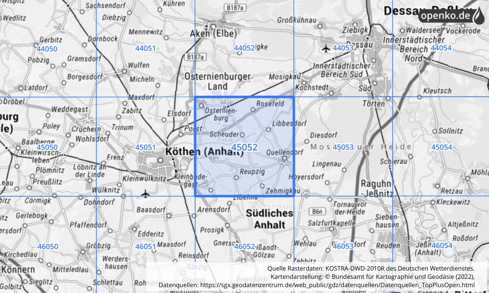 Übersichtskarte KOSTRA-DWD-2010R Rasterfeld Nr. 45052 mit angrenzenden Feldern