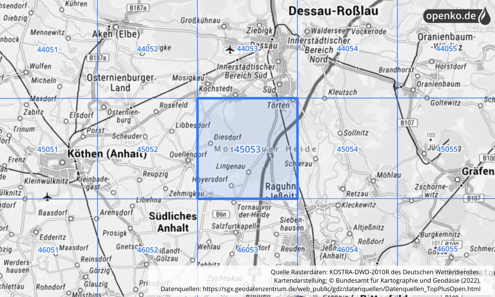 Übersichtskarte KOSTRA-DWD-2010R Rasterfeld Nr. 45053 mit angrenzenden Feldern