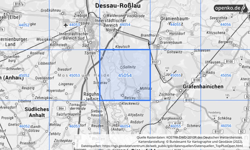 Übersichtskarte KOSTRA-DWD-2010R Rasterfeld Nr. 45054 mit angrenzenden Feldern