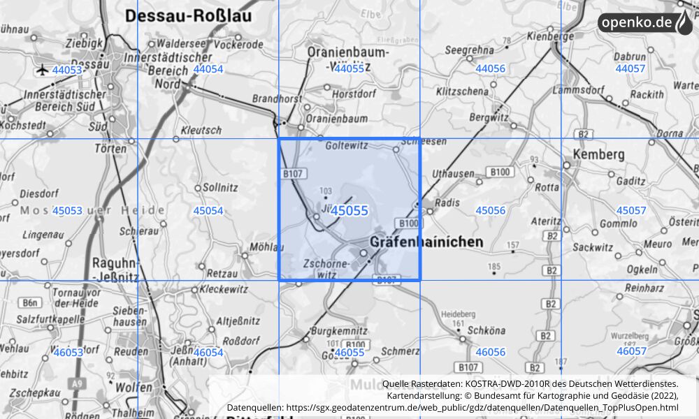 Übersichtskarte KOSTRA-DWD-2010R Rasterfeld Nr. 45055 mit angrenzenden Feldern