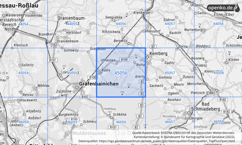 Übersichtskarte KOSTRA-DWD-2010R Rasterfeld Nr. 45056 mit angrenzenden Feldern