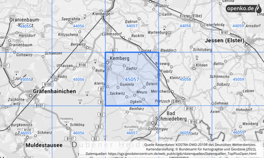 Übersichtskarte KOSTRA-DWD-2010R Rasterfeld Nr. 45057 mit angrenzenden Feldern