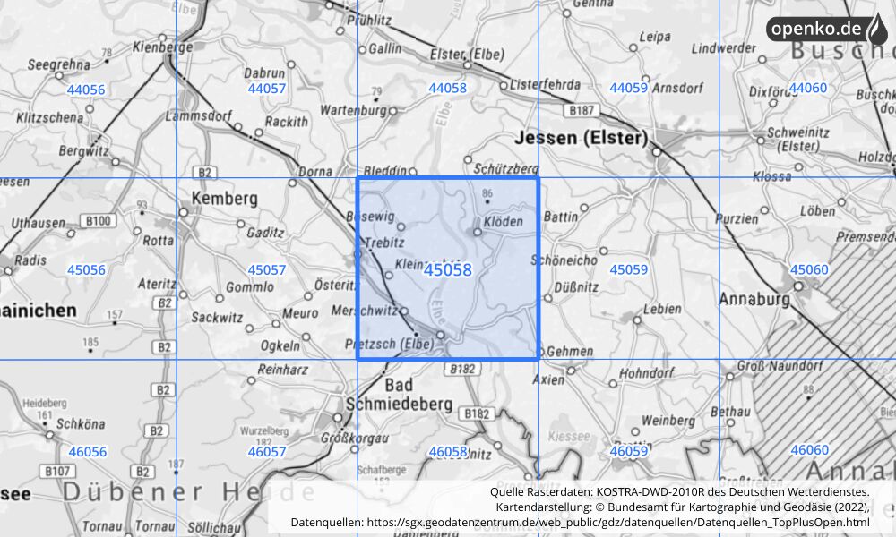 Übersichtskarte KOSTRA-DWD-2010R Rasterfeld Nr. 45058 mit angrenzenden Feldern