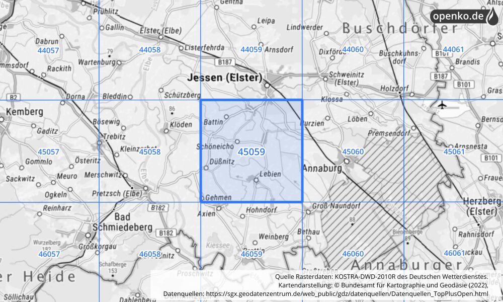 Übersichtskarte KOSTRA-DWD-2010R Rasterfeld Nr. 45059 mit angrenzenden Feldern