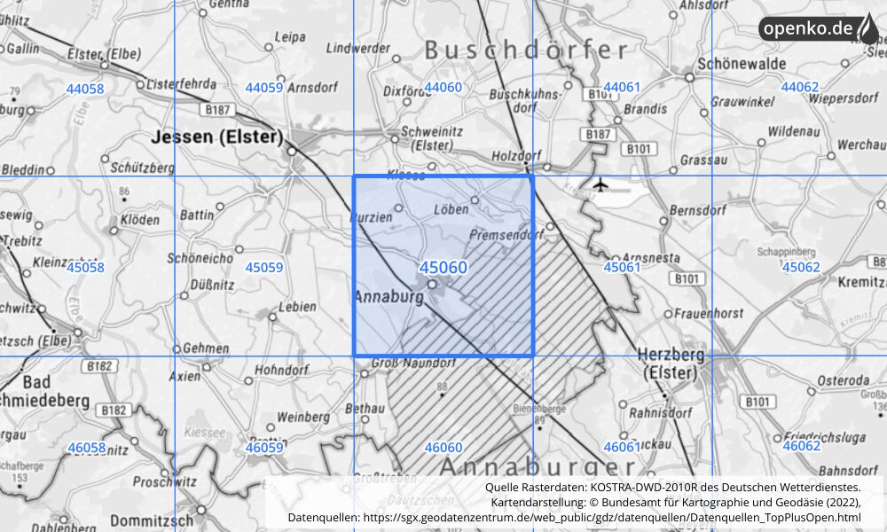 Übersichtskarte KOSTRA-DWD-2010R Rasterfeld Nr. 45060 mit angrenzenden Feldern