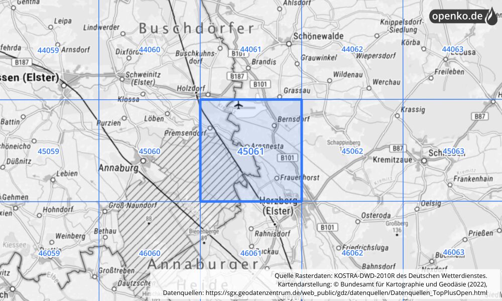 Übersichtskarte KOSTRA-DWD-2010R Rasterfeld Nr. 45061 mit angrenzenden Feldern