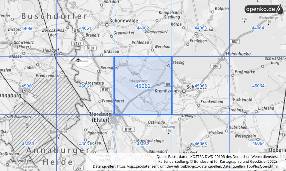 Übersichtskarte KOSTRA-DWD-2010R Rasterfeld Nr. 45062 mit angrenzenden Feldern