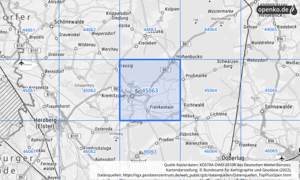 Übersichtskarte KOSTRA-DWD-2010R Rasterfeld Nr. 45063 mit angrenzenden Feldern