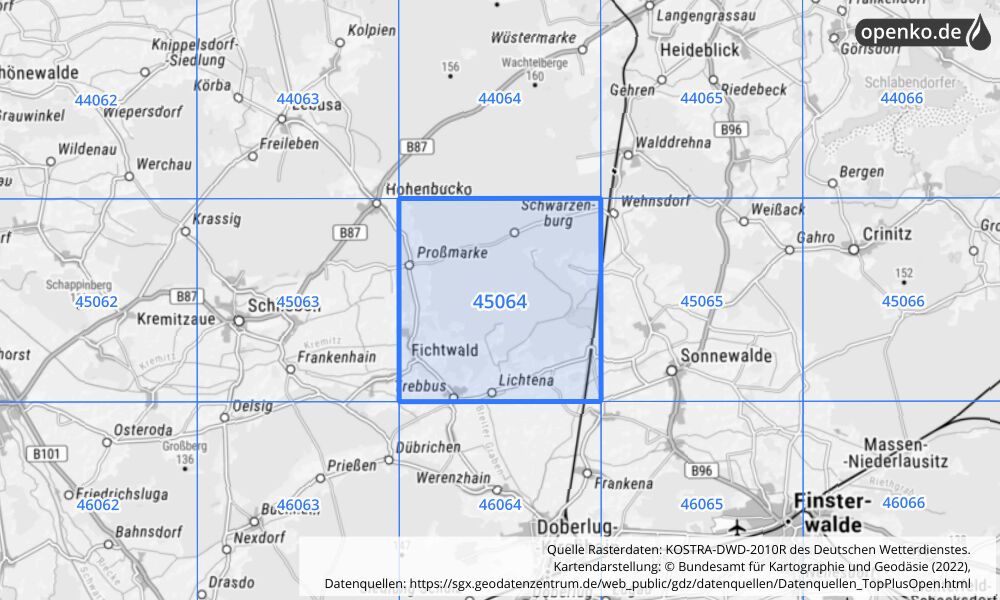 Übersichtskarte KOSTRA-DWD-2010R Rasterfeld Nr. 45064 mit angrenzenden Feldern