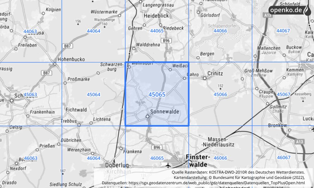 Übersichtskarte KOSTRA-DWD-2010R Rasterfeld Nr. 45065 mit angrenzenden Feldern