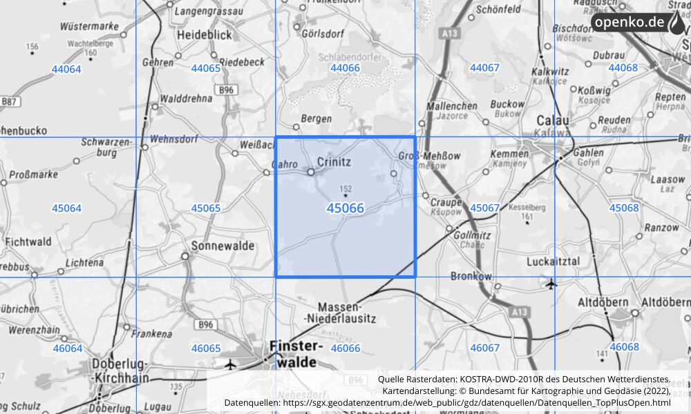 Übersichtskarte KOSTRA-DWD-2010R Rasterfeld Nr. 45066 mit angrenzenden Feldern