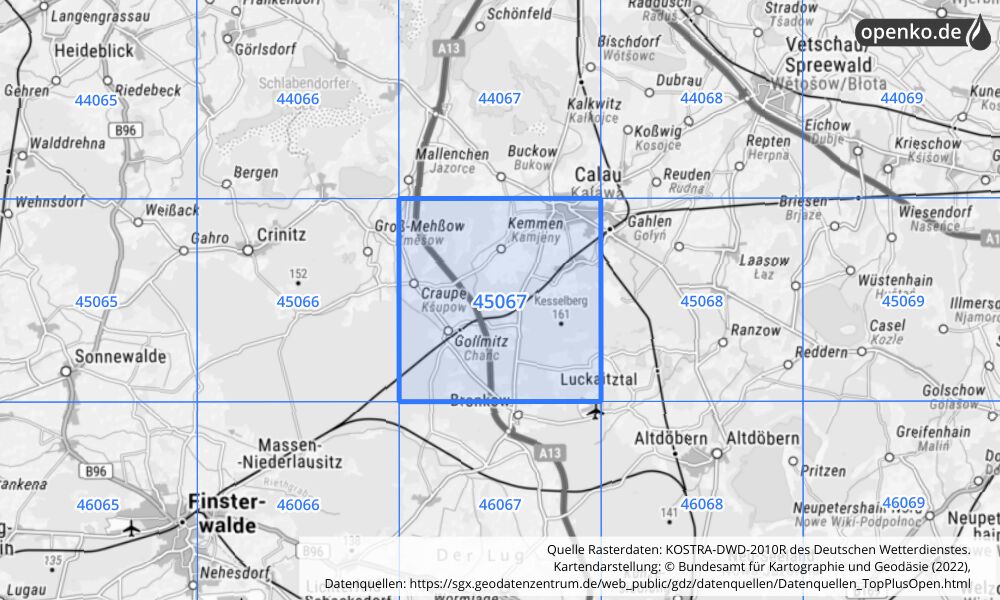 Übersichtskarte KOSTRA-DWD-2010R Rasterfeld Nr. 45067 mit angrenzenden Feldern