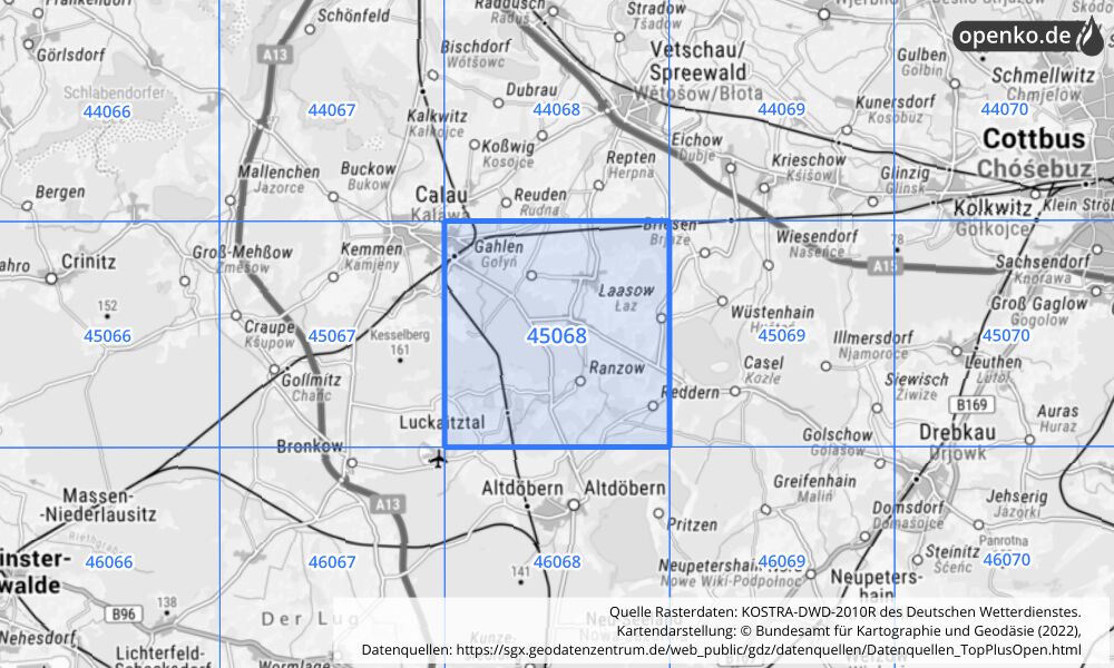 Übersichtskarte KOSTRA-DWD-2010R Rasterfeld Nr. 45068 mit angrenzenden Feldern