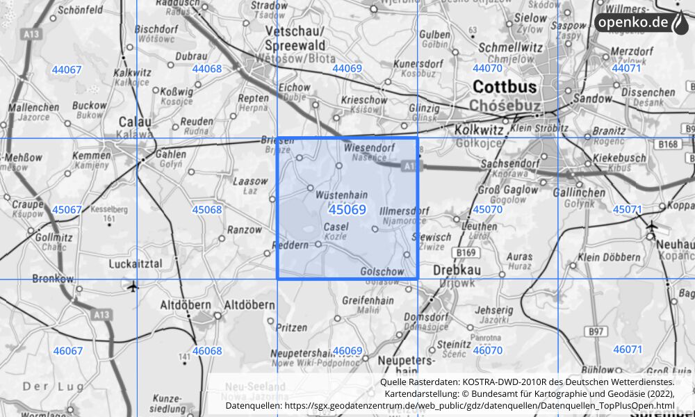 Übersichtskarte KOSTRA-DWD-2010R Rasterfeld Nr. 45069 mit angrenzenden Feldern