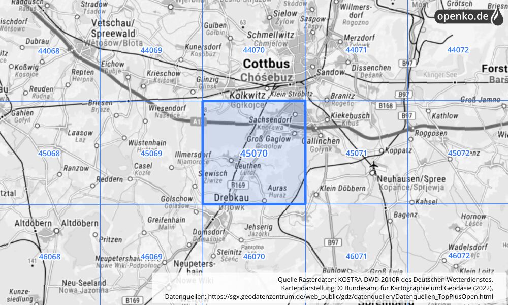 Übersichtskarte KOSTRA-DWD-2010R Rasterfeld Nr. 45070 mit angrenzenden Feldern