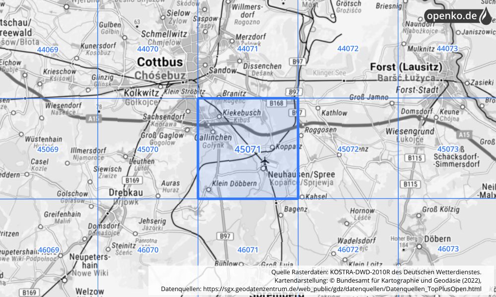 Übersichtskarte KOSTRA-DWD-2010R Rasterfeld Nr. 45071 mit angrenzenden Feldern