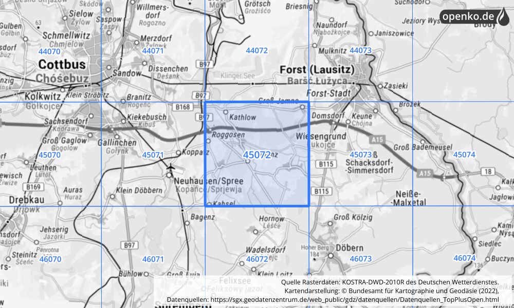 Übersichtskarte KOSTRA-DWD-2010R Rasterfeld Nr. 45072 mit angrenzenden Feldern