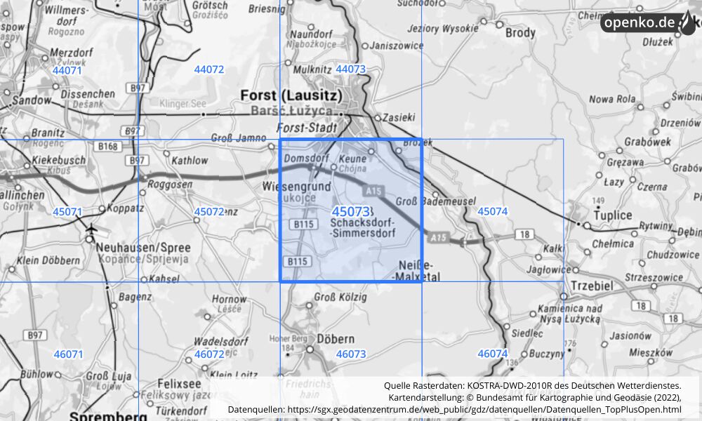 Übersichtskarte KOSTRA-DWD-2010R Rasterfeld Nr. 45073 mit angrenzenden Feldern