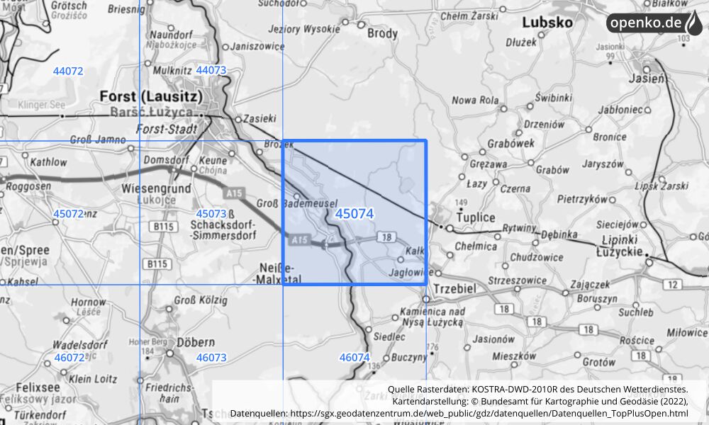 Übersichtskarte KOSTRA-DWD-2010R Rasterfeld Nr. 45074 mit angrenzenden Feldern