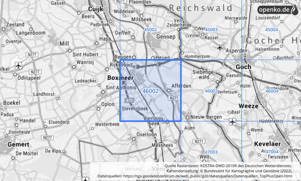 Übersichtskarte KOSTRA-DWD-2010R Rasterfeld Nr. 46002 mit angrenzenden Feldern