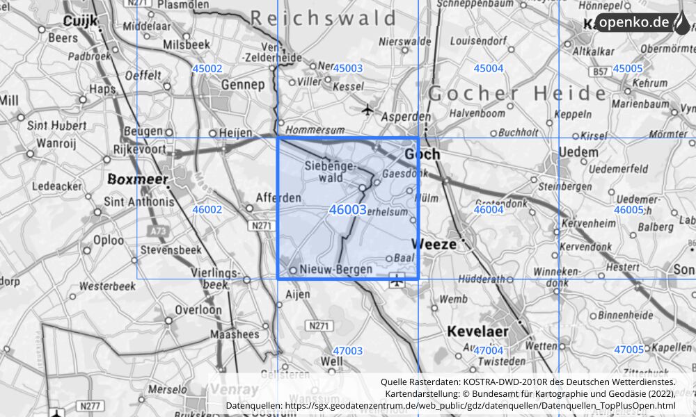 Übersichtskarte KOSTRA-DWD-2010R Rasterfeld Nr. 46003 mit angrenzenden Feldern