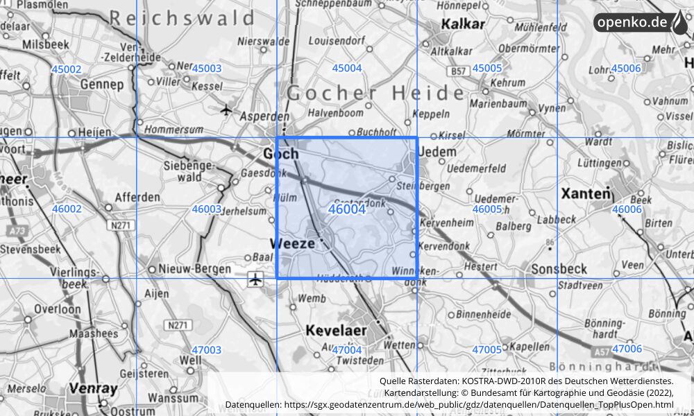 Übersichtskarte KOSTRA-DWD-2010R Rasterfeld Nr. 46004 mit angrenzenden Feldern