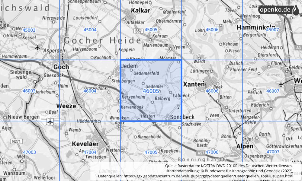 Übersichtskarte KOSTRA-DWD-2010R Rasterfeld Nr. 46005 mit angrenzenden Feldern