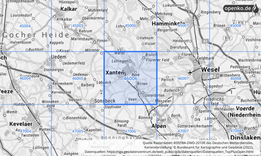 Übersichtskarte KOSTRA-DWD-2010R Rasterfeld Nr. 46006 mit angrenzenden Feldern